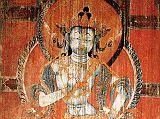 Tibet Guge 03 Tholing 07 White Temple 05 Vajravidarana On the left wall is a painting of Vajravidarana, a purification deity who holds a double vajra in her right hand and an upside down bell with a similar handle in her left hand at her hip. Photo - Hein/Boelmann: Tibet � Der Wei�e Tempel von Tholing.
